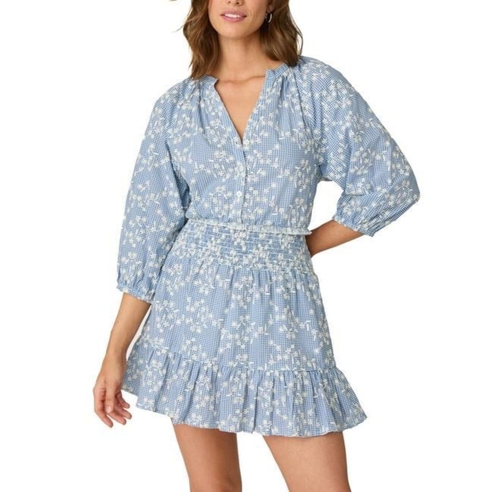 Shoshanna Blue White Gingham Floral Embroidered Smocked Mini Dress picnic spring